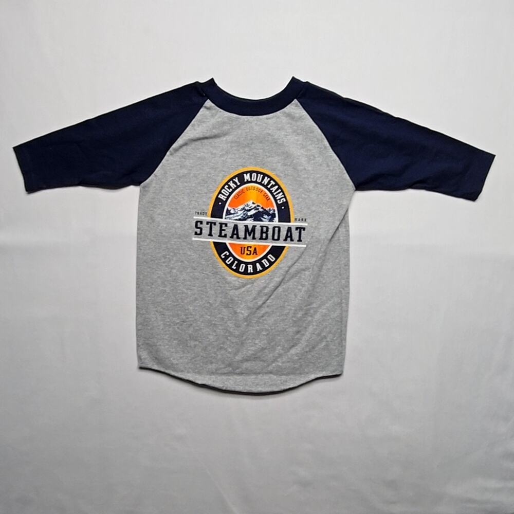 Vintage Youth Small Steamboat Colorado Shirt Gray Raglan S 6/8 Graphic Tee 90s